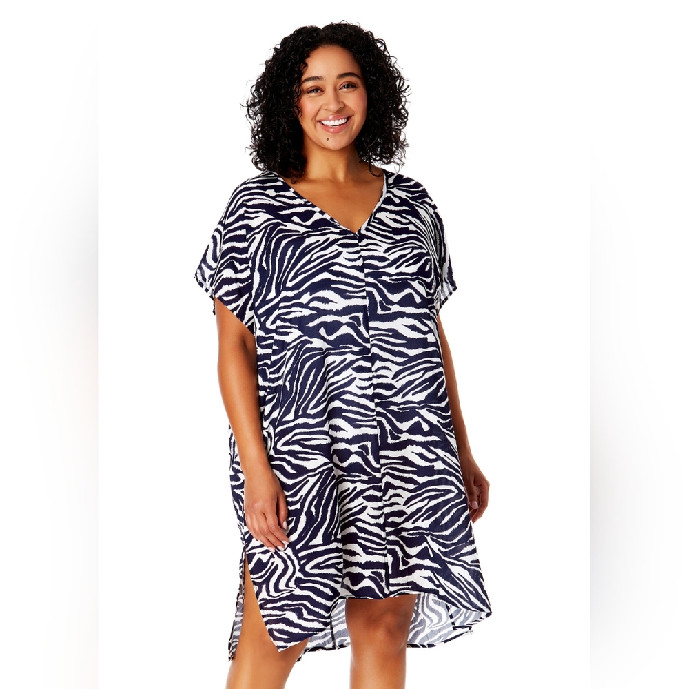 Anne Cole Women's Zebra Print Swim Coverup Tunic Dress Size XS/S Navy White
